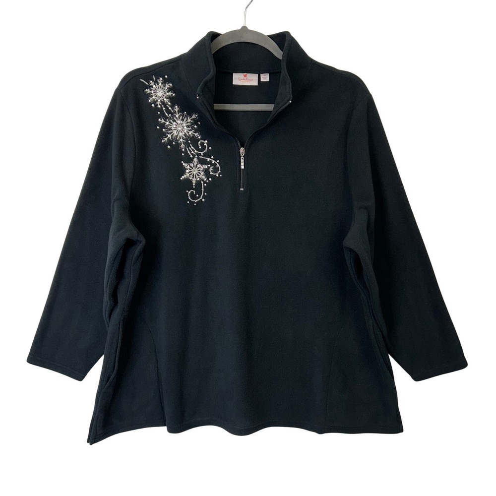 Quacker Factory 1/4 Zip Fleece Pullover Women's 3X Black Snowflake Embellished